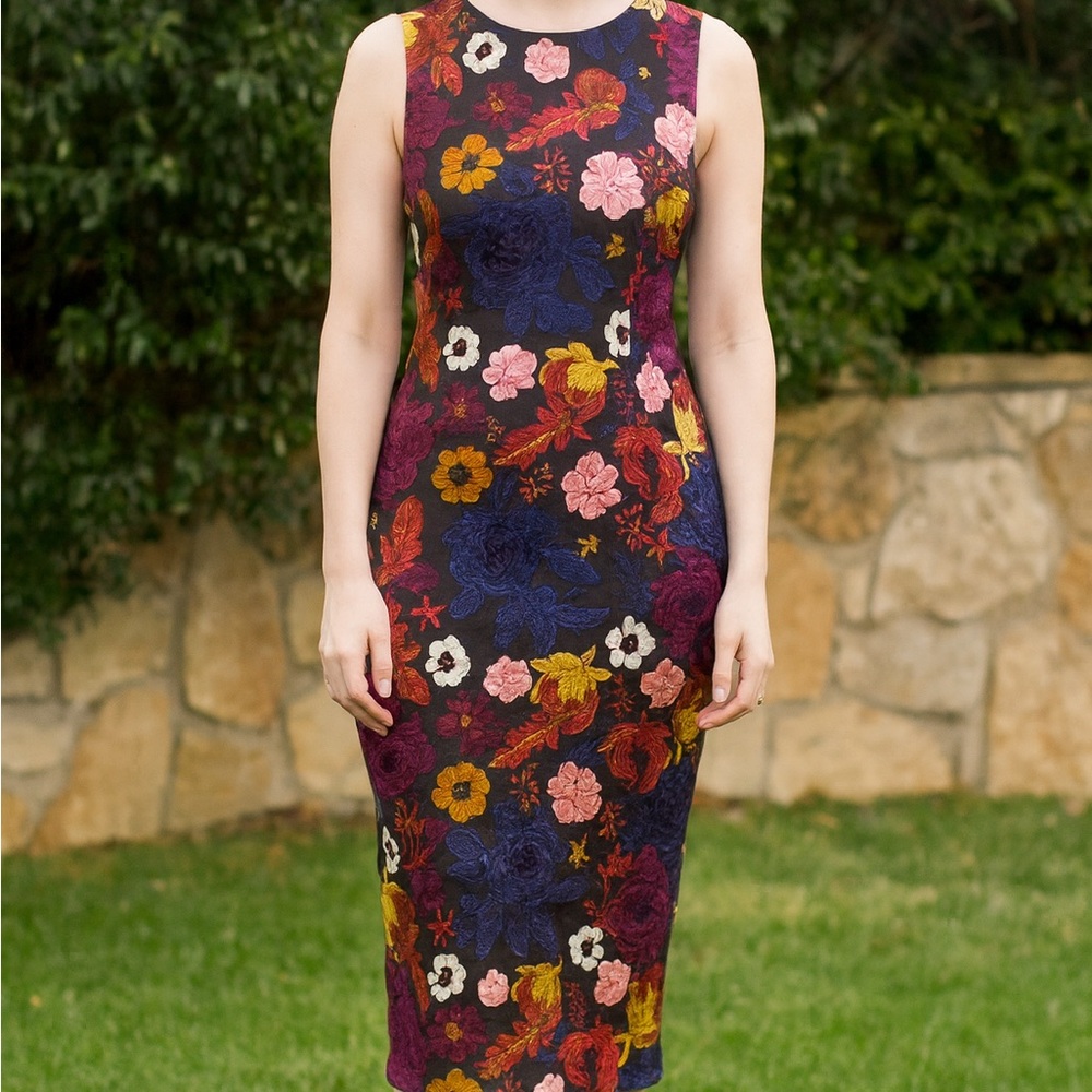 NWT ALICE + OLIVIA Nat Designer Statement Multicolor Embroidered Sheath Dress, 0